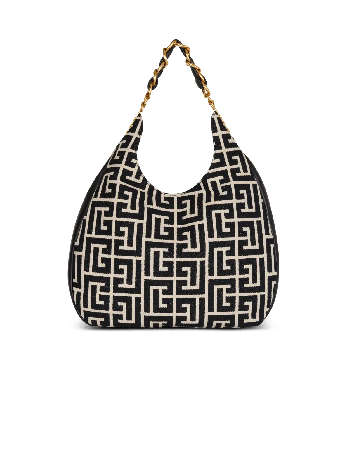 Balmain Large 1945 Soft Hobo Bag In Jacquard Fabric With A PB Labyrinth Monogram Black Women Shoulder Bags