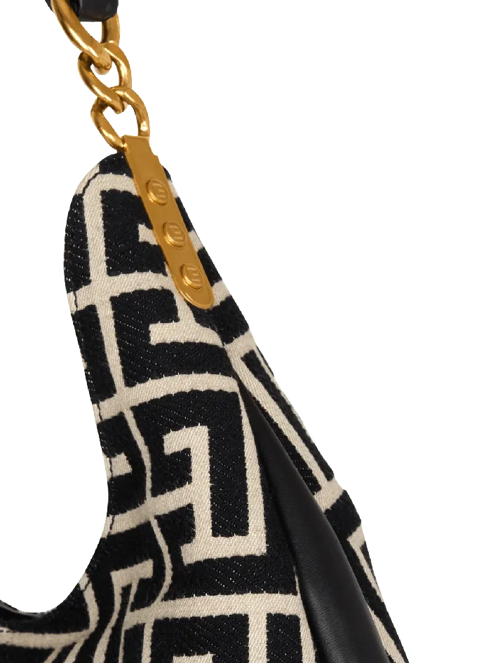 Balmain Large 1945 Soft Hobo Bag In Jacquard Fabric With A PB Labyrinth Monogram Black Women Shoulder Bags