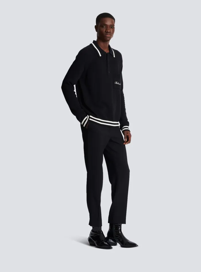 Balmain Longsleeved Wool Polo Shirt With Embroidery Black Men Knitwear