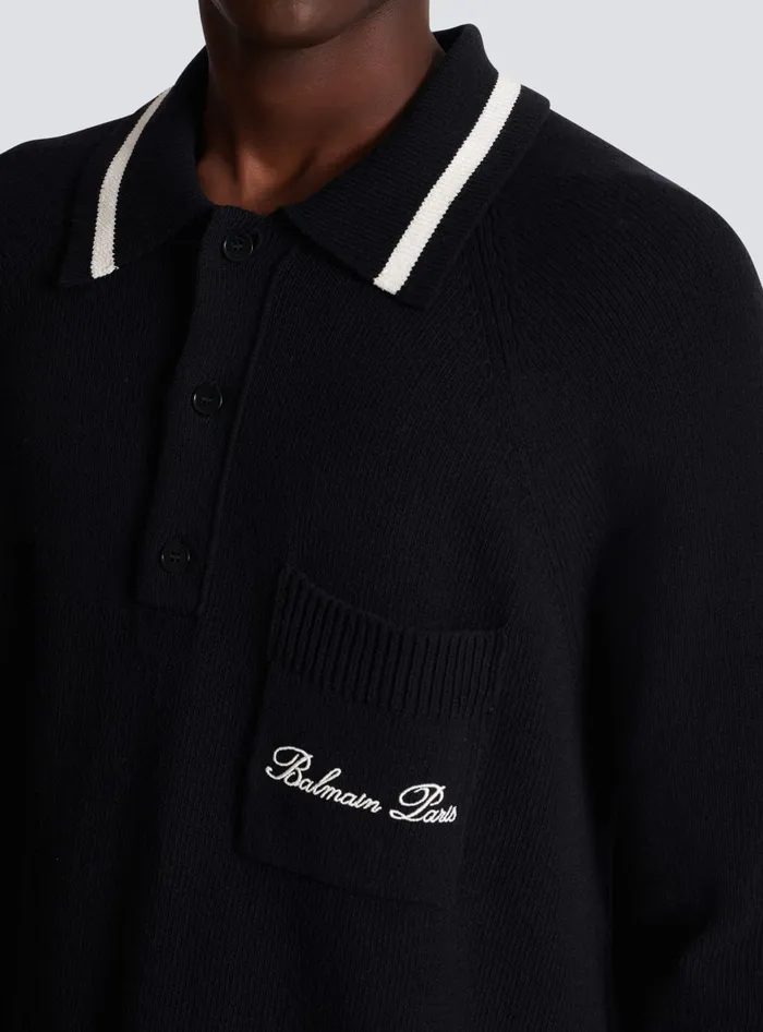 Balmain Longsleeved Wool Polo Shirt With Embroidery Black Men Knitwear