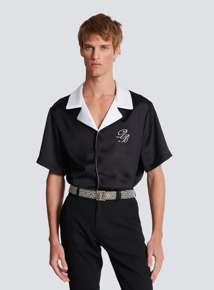Balmain PB Belt In Monogrammed Embossed Calfskin Black Men Belts