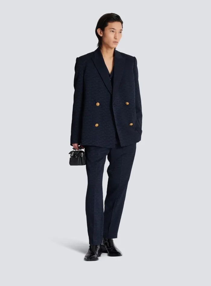 Balmain PB Labyrinth Satin Jacquard Blazer Navy Men Jackets And Blazers