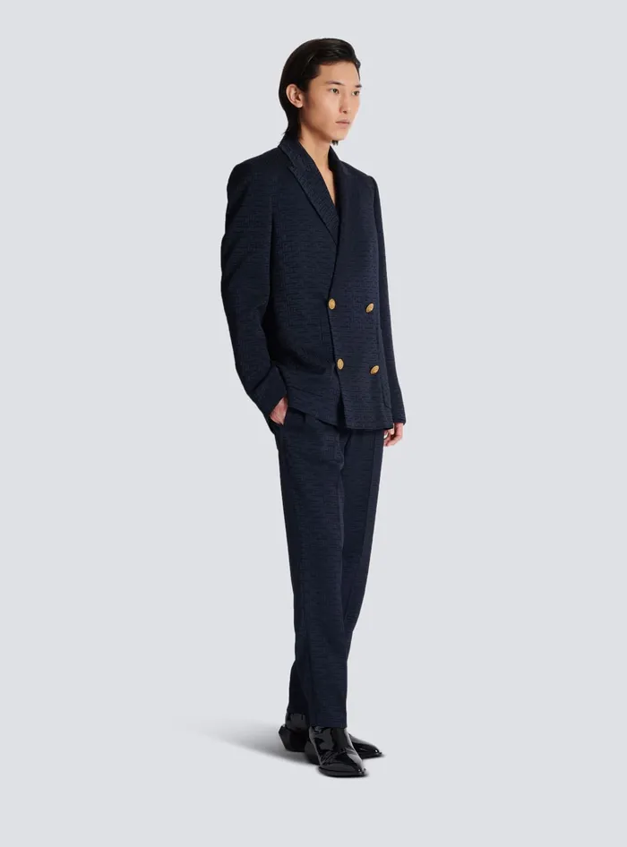 Balmain PB Labyrinth Satin Jacquard Blazer Navy Men Jackets And Blazers