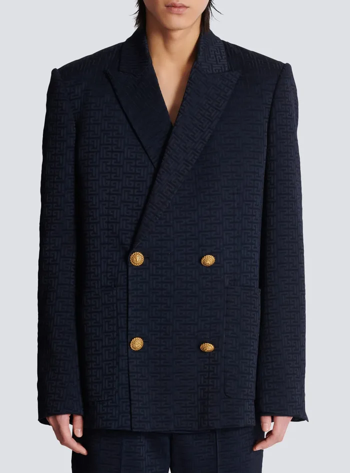 Balmain PB Labyrinth Satin Jacquard Blazer Navy Men Jackets And Blazers