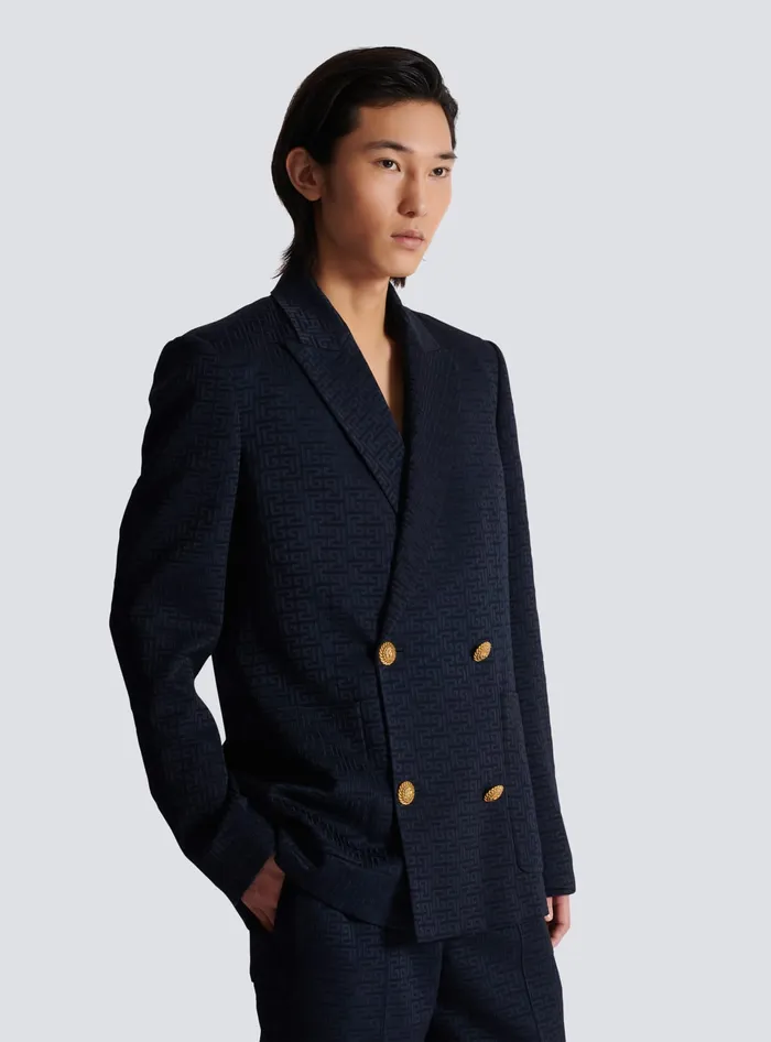 Balmain PB Labyrinth Satin Jacquard Blazer Navy Men Jackets And Blazers
