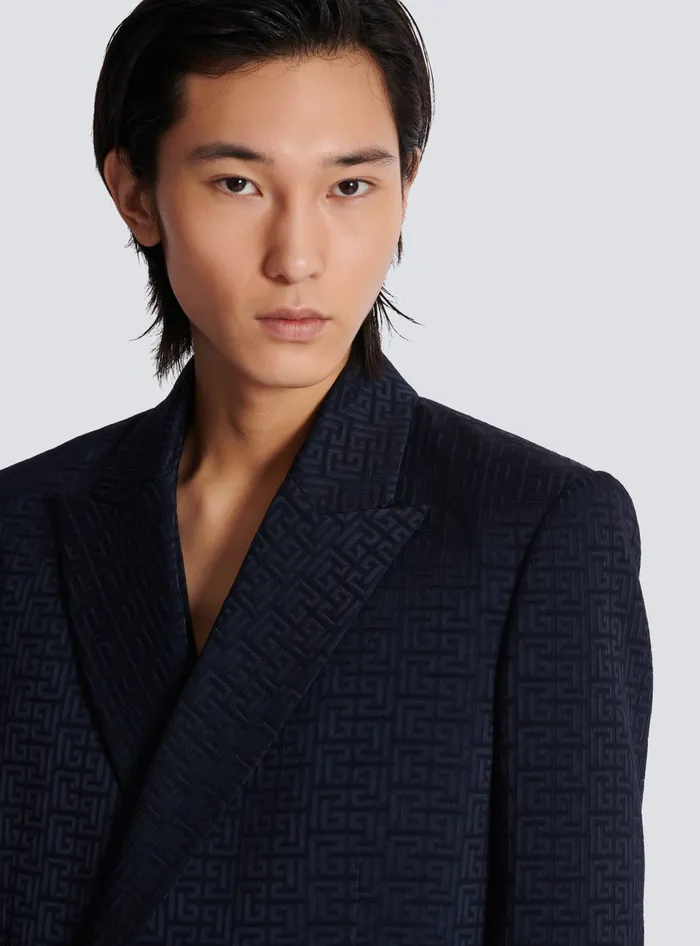Balmain PB Labyrinth Satin Jacquard Blazer Navy Men Jackets And Blazers