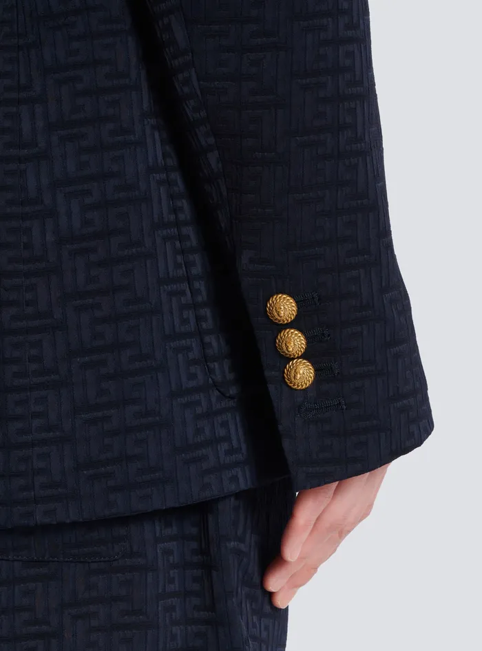 Balmain PB Labyrinth Satin Jacquard Blazer Navy Men Jackets And Blazers
