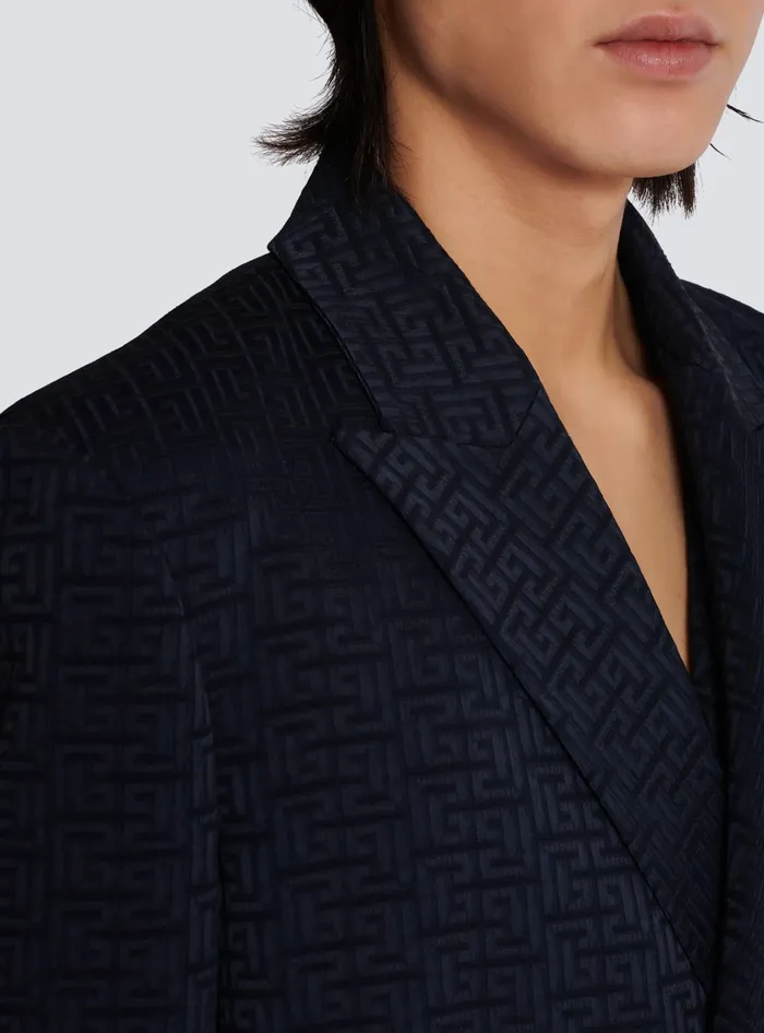 Balmain PB Labyrinth Satin Jacquard Blazer Navy Men Jackets And Blazers