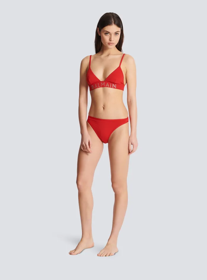 Balmain Rhinestoned Triangle Bikini Red Women Swimwear