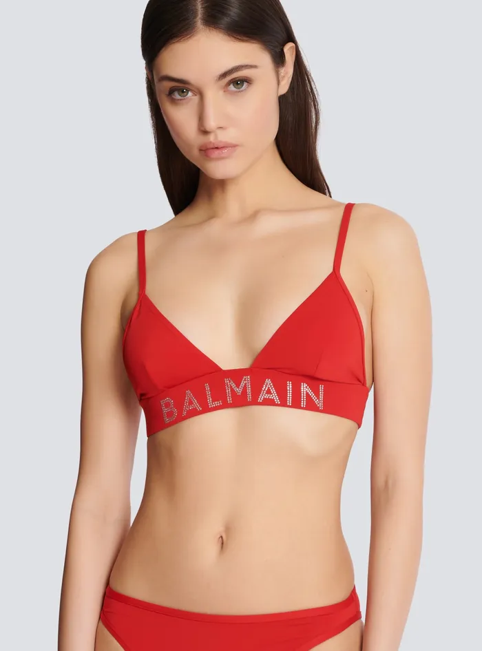 Balmain Rhinestoned Triangle Bikini Red Women Swimwear
