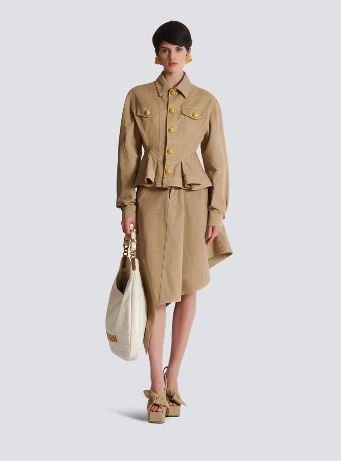 Balmain Ruffled Cotton Canvas Jacket Beige Women Jackets And Blazers