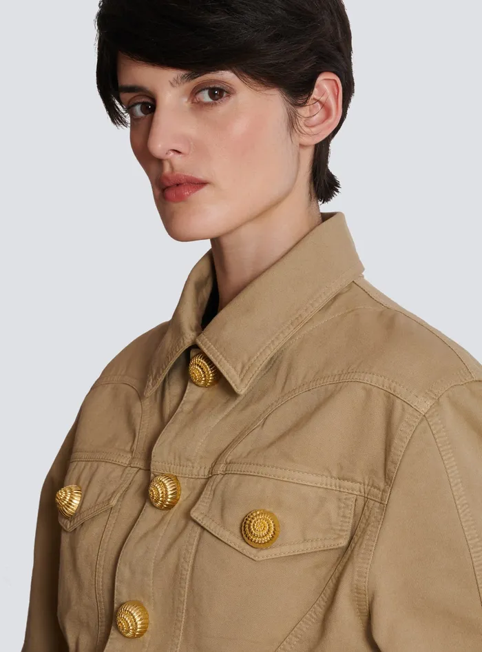 Balmain Ruffled Cotton Canvas Jacket Beige Women Jackets And Blazers