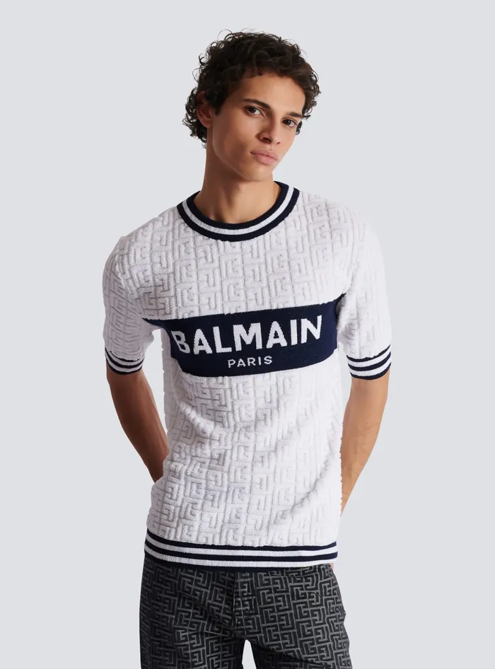 Balmain Shortsleeved PB Labyrinth Knit Tshirt White Men Knitwear