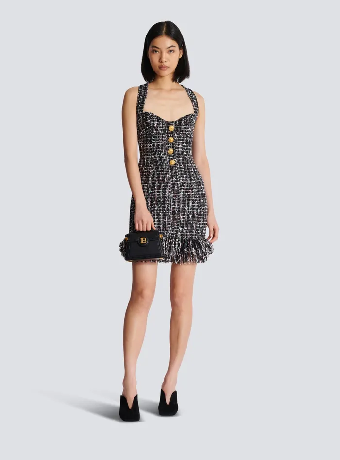 Balmain Short Tweed Dress With Buttons Black Women Dresses