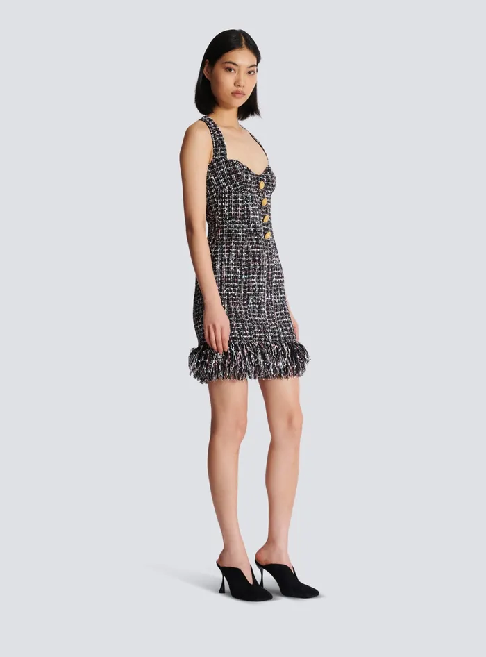 Balmain Short Tweed Dress With Buttons Black Women Dresses