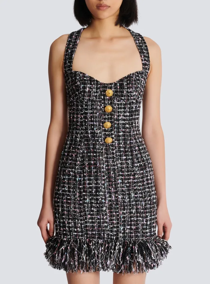 Balmain Short Tweed Dress With Buttons Black Women Dresses