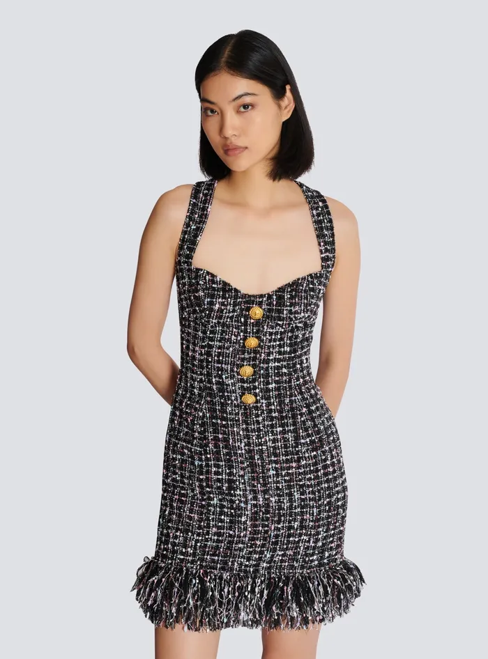 Balmain Short Tweed Dress With Buttons Black Women Dresses