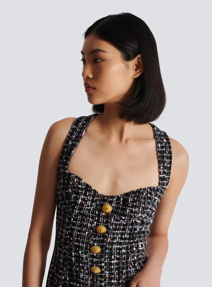 Balmain Short Tweed Dress With Buttons Black Women Dresses