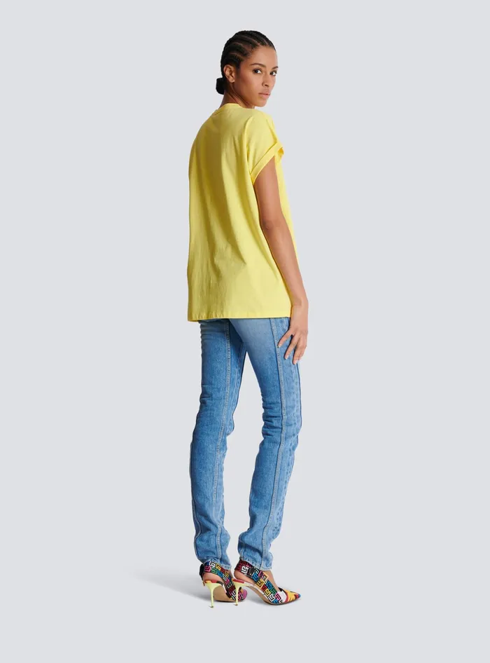 Balmain Tshirt With Flocked Paris Logo Yellow Women TShirts