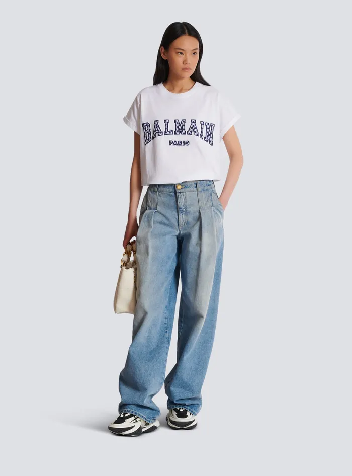 Balmain Tshirt With Gingham Paris Lettering White Women TShirts