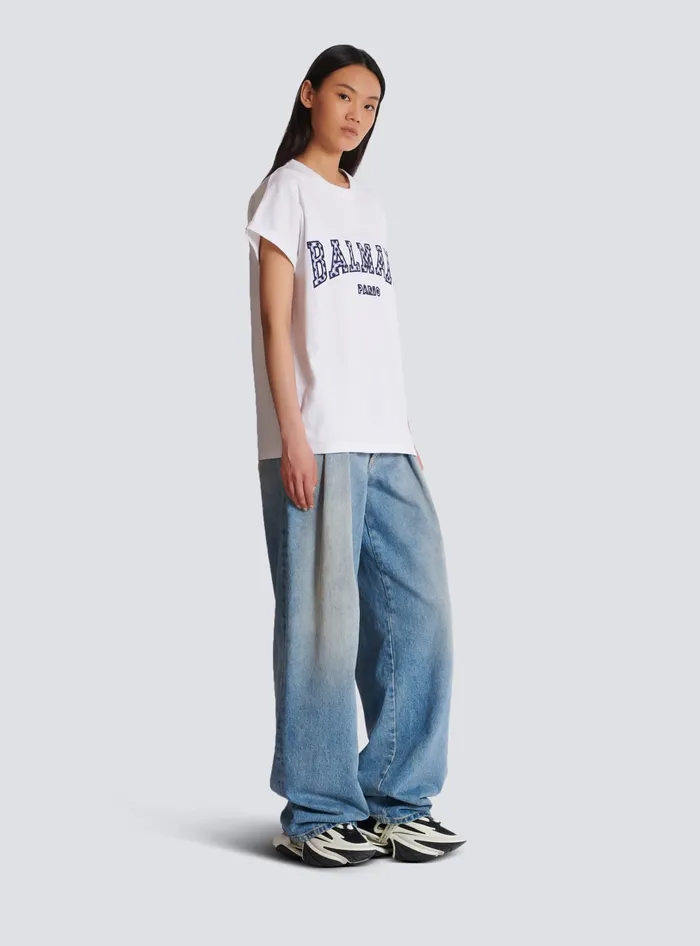 Balmain Tshirt With Gingham Paris Lettering White Women TShirts