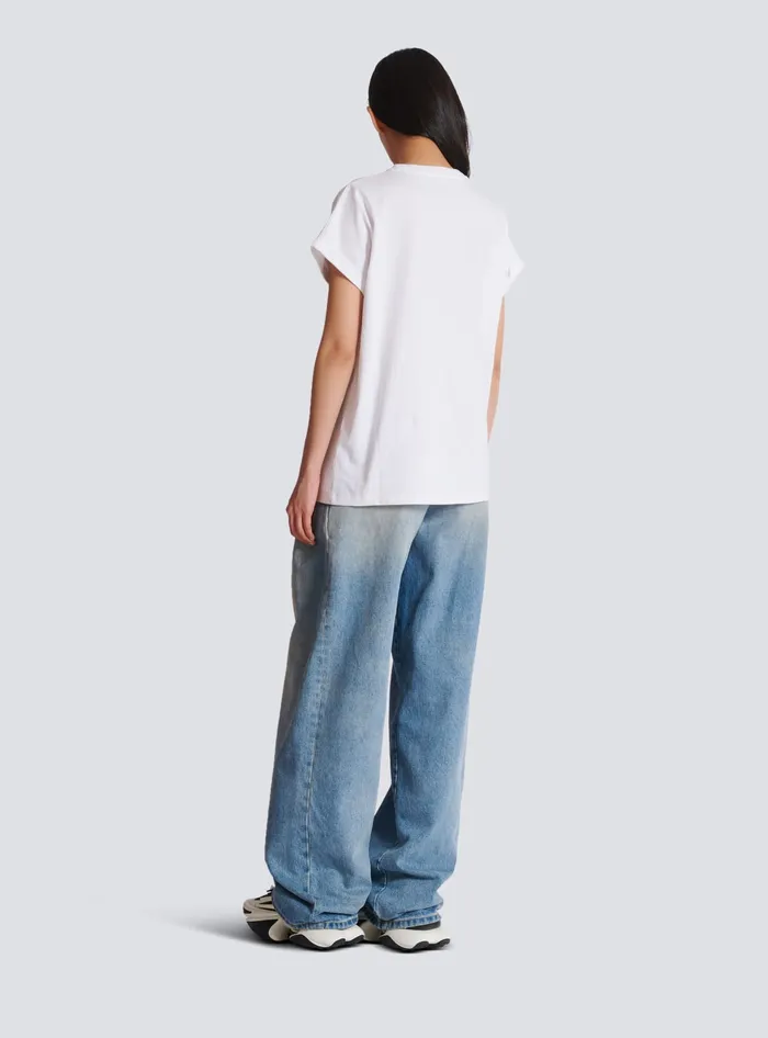 Balmain Tshirt With Gingham Paris Lettering White Women TShirts