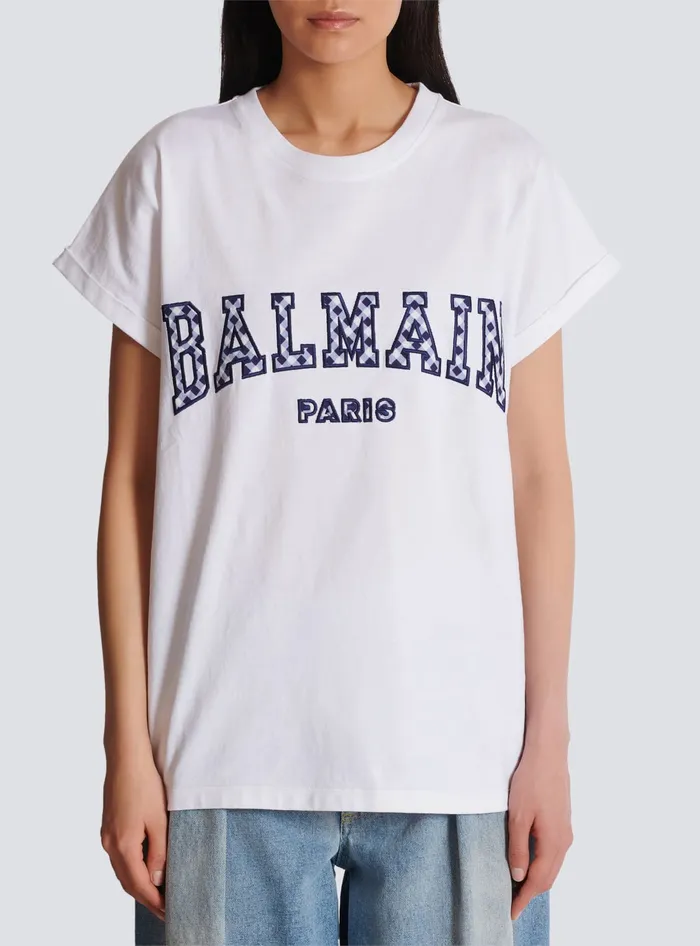 Balmain Tshirt With Gingham Paris Lettering White Women TShirts
