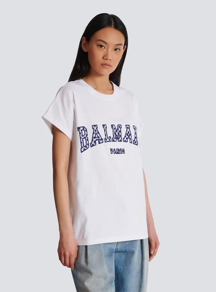 Balmain Tshirt With Gingham Paris Lettering White Women TShirts