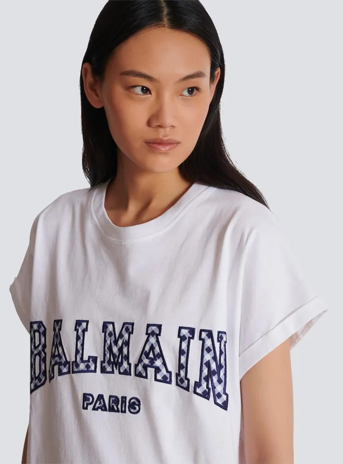 Balmain Tshirt With Gingham Paris Lettering White Women TShirts