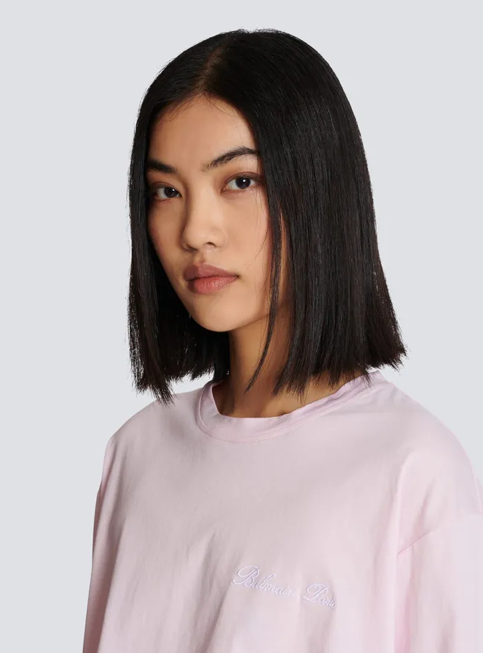 Balmain Tshirt With Signature Embroidery Pink Women TShirts
