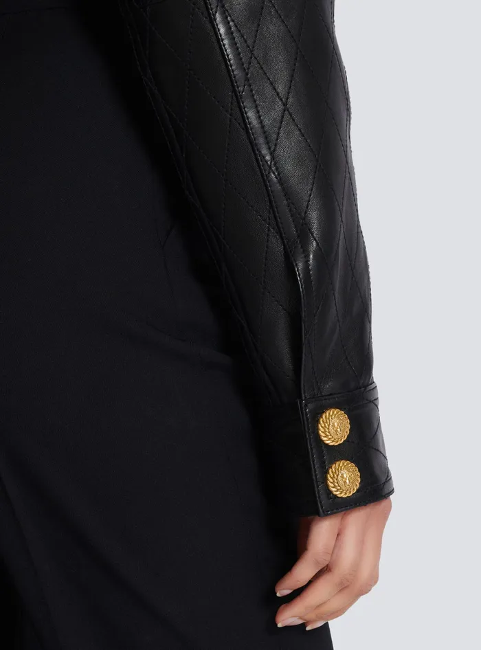 Balmain Topstitched Cropped Leather Jacket Black Women Outerwear