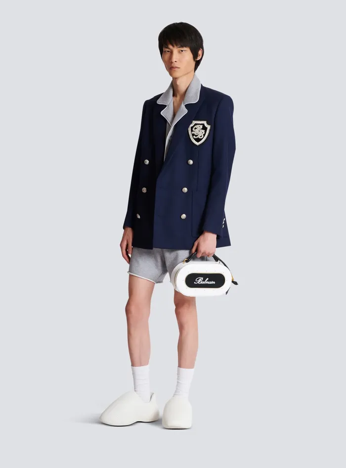 Balmain Twill Blazer With Embroidered PB Signature Badge Navy Men Jackets And Blazers