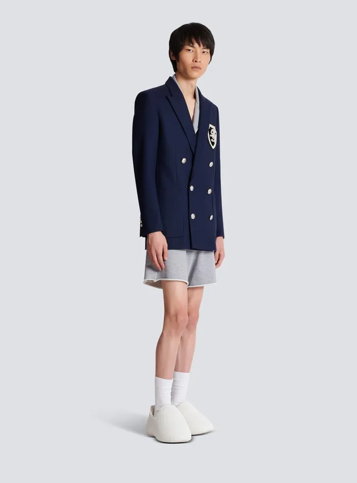Balmain Twill Blazer With Embroidered PB Signature Badge Navy Men Jackets And Blazers