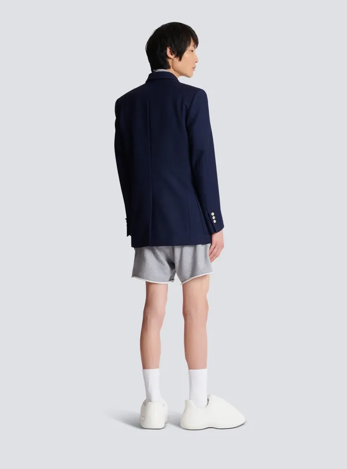 Balmain Twill Blazer With Embroidered PB Signature Badge Navy Men Jackets And Blazers