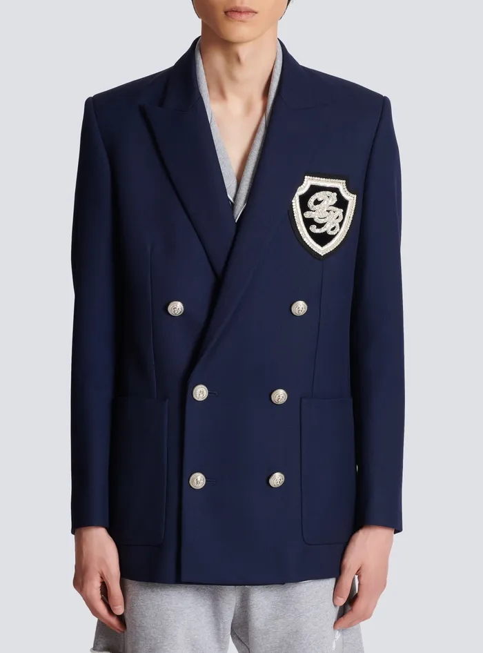 Balmain Twill Blazer With Embroidered PB Signature Badge Navy Men Jackets And Blazers