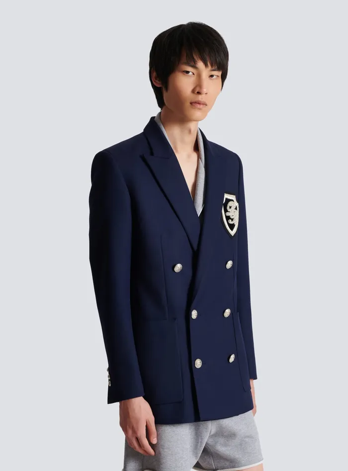 Balmain Twill Blazer With Embroidered PB Signature Badge Navy Men Jackets And Blazers