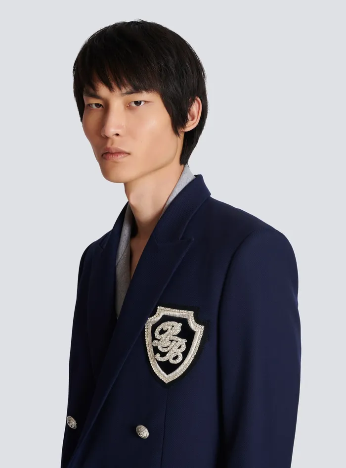 Balmain Twill Blazer With Embroidered PB Signature Badge Navy Men Jackets And Blazers