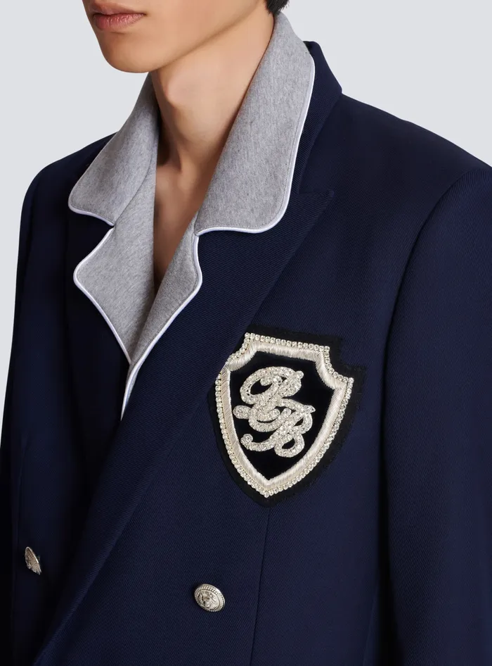 Balmain Twill Blazer With Embroidered PB Signature Badge Navy Men Jackets And Blazers