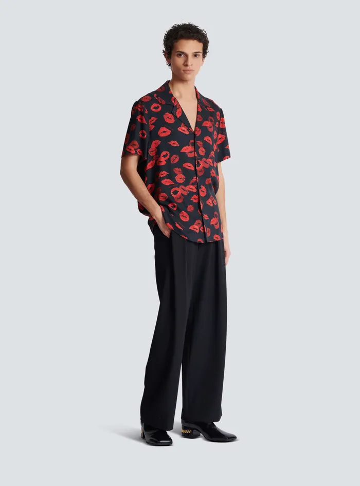 Balmain Twill Pyjama Shirt With Kiss Print Black Men Shirts And Polos