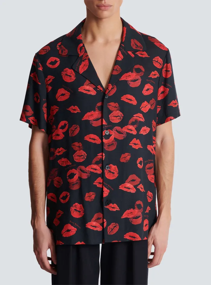 Balmain Twill Pyjama Shirt With Kiss Print Black Men Shirts And Polos