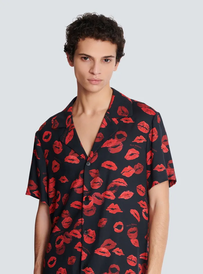 Balmain Twill Pyjama Shirt With Kiss Print Black Men Shirts And Polos