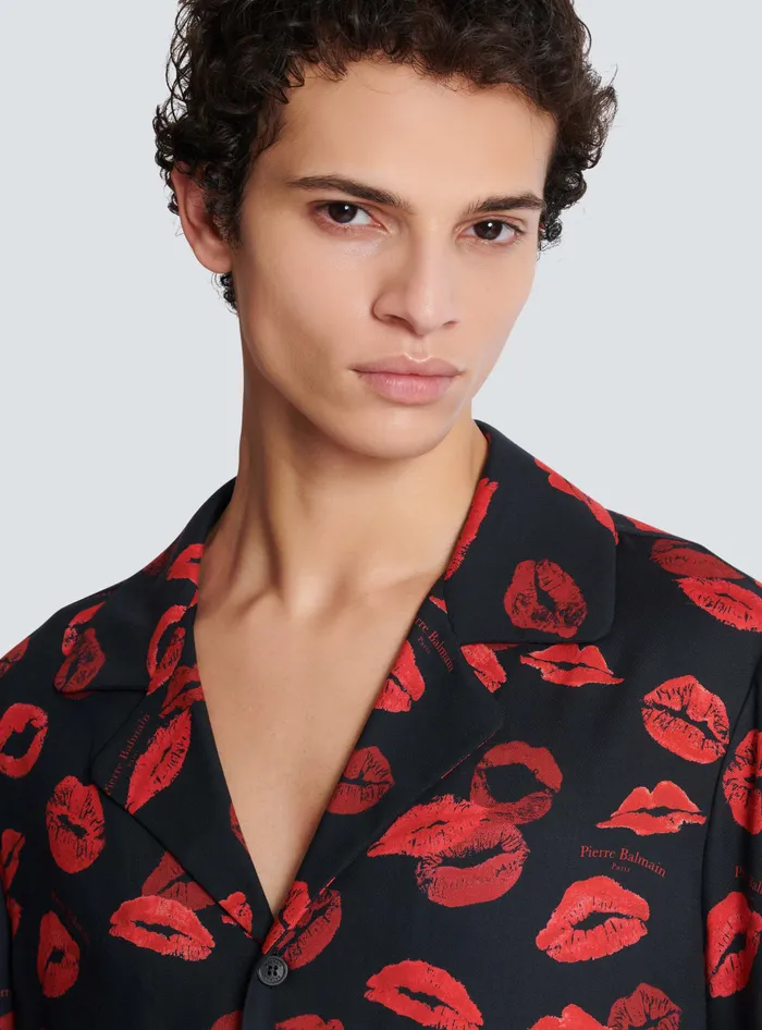 Balmain Twill Pyjama Shirt With Kiss Print Black Men Shirts And Polos