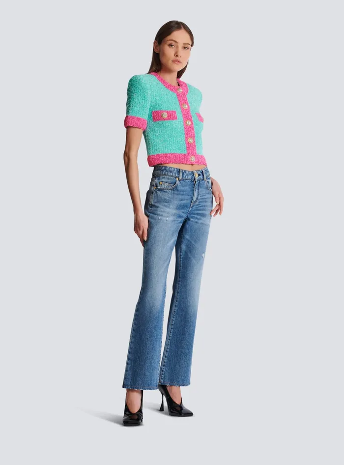 Balmain Twotone Cropped Knit Cardigan Multicolor Women Knitwear