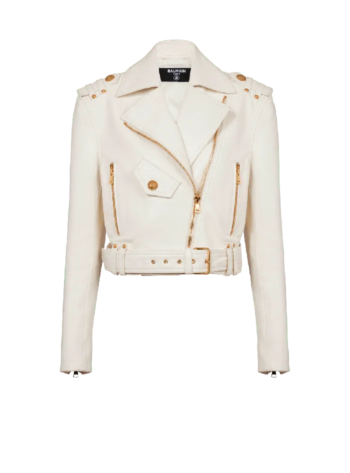 Balmain Zipped Leather Biker Jacket Beige Women Outerwear