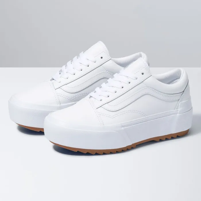 Classics Shoes Women Vans Leather Old Skool Stacked True Whitetrue White