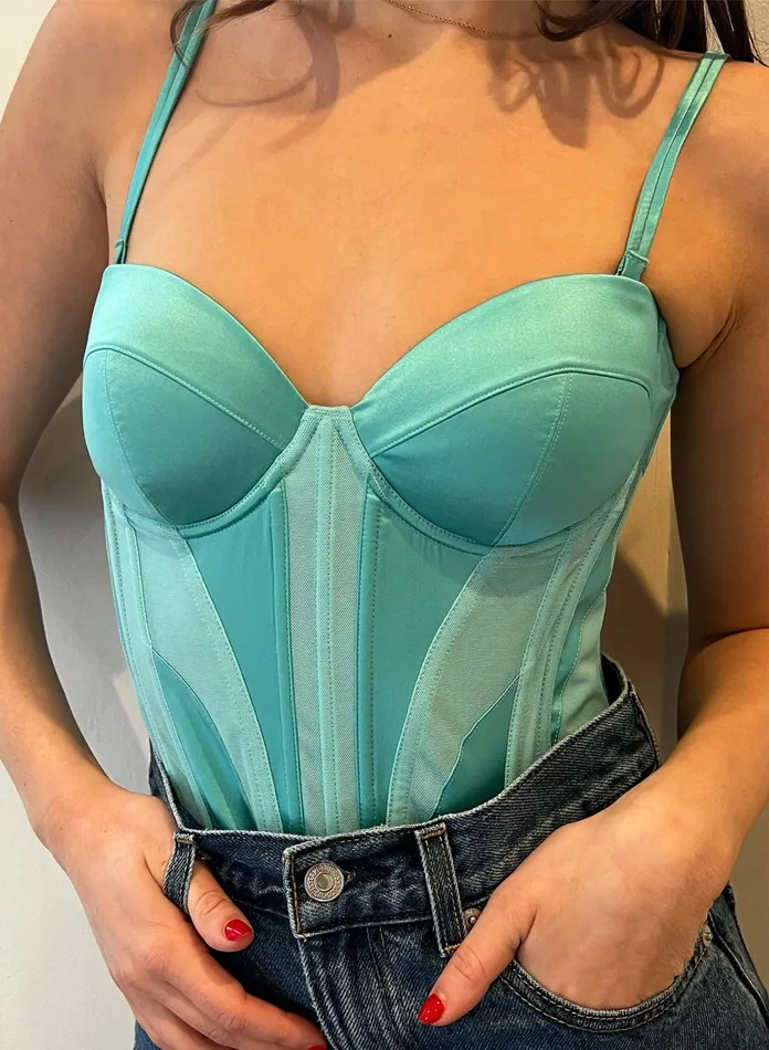 Fleur Du Mal Bustiers and Bra Tops Women Silk and Mesh Bustier Top Bright Jade Fleur Du Mal Bustiers and Bra Tops Women Silk and Mesh Bustier Top Bright Jade
