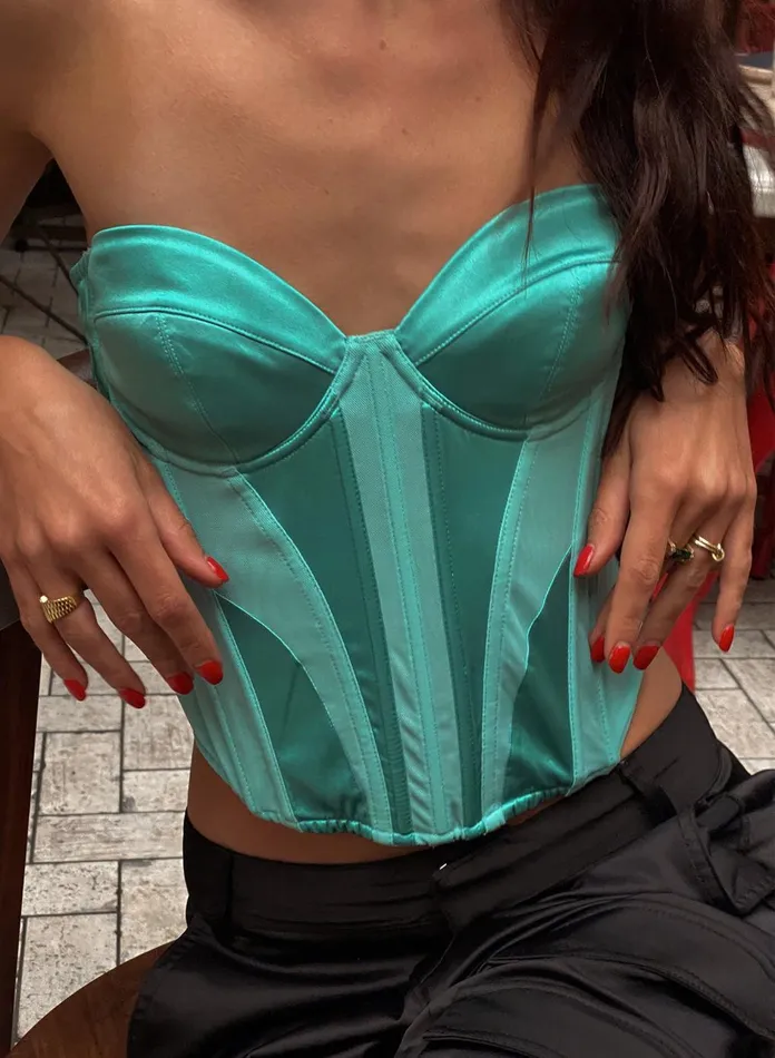 Fleur Du Mal Bustiers and Bra Tops Women Silk and Mesh Bustier Top Bright Jade Fleur Du Mal Bustiers and Bra Tops Women Silk and Mesh Bustier Top Bright Jade