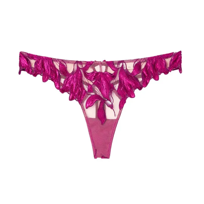 Fleur Du Mal Panties and Garters Women Velvet Lily Embroidery Hipster Thong Magenta