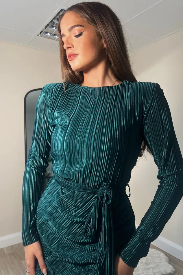 Girl In Mind Bodycon Dresses Elena Long Sleeve Ruched Seamed Midi Dress Teal 8211 Women