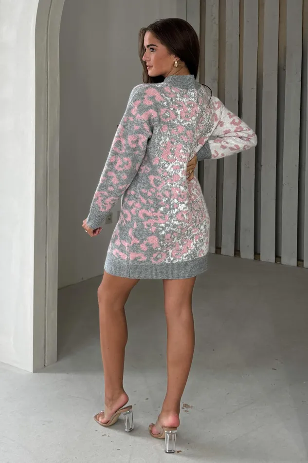 Girl In Mind Knitwear Mavis Pink and Grey Leopard Jumper Dress 8211 Women